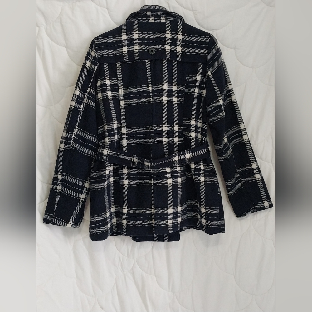 Bongo Womens Large Belted Brushed Soft Button-Down Plaid Navy Blue White Jacket - Picture 13 of 15